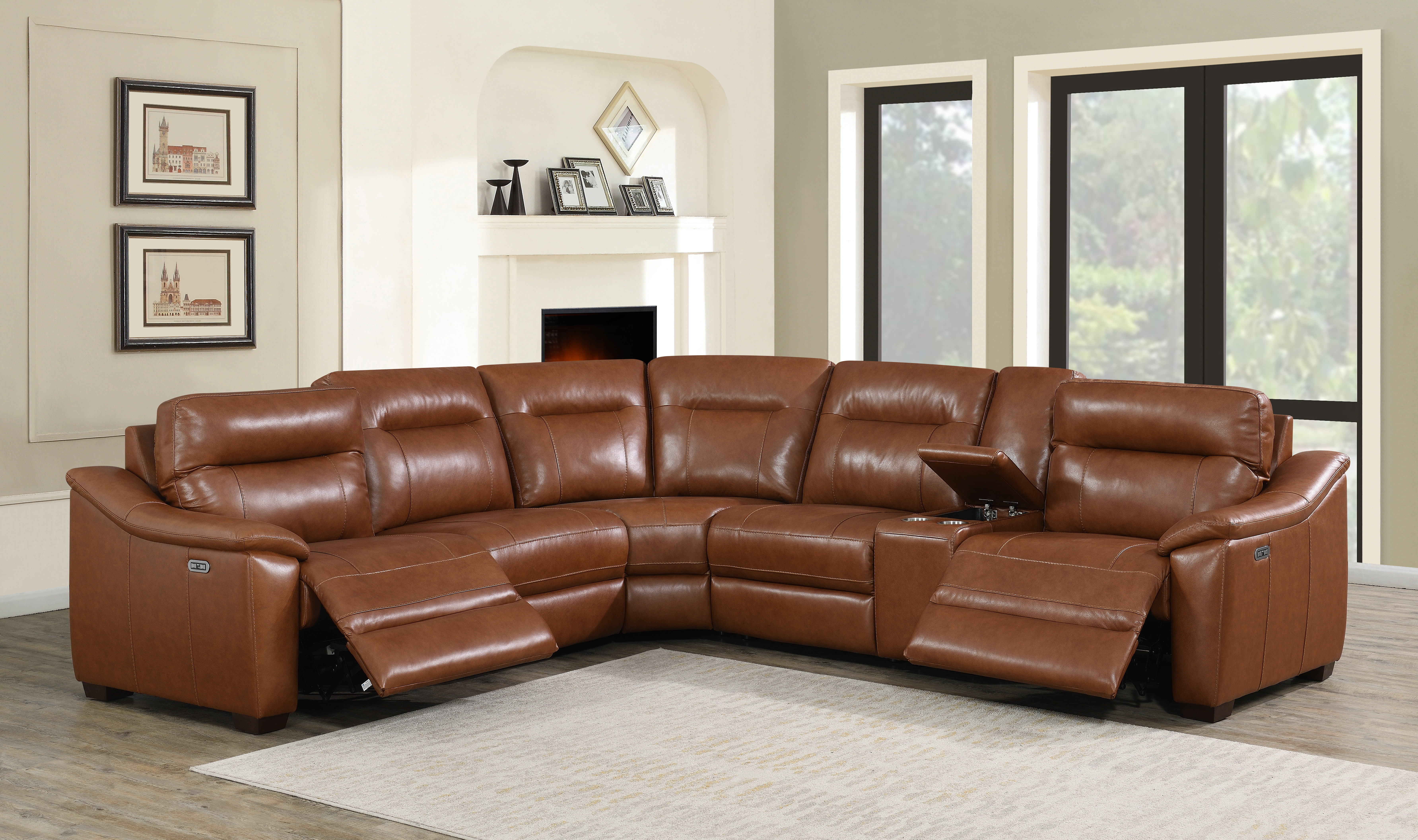 Tan leather sectional with recliner discount